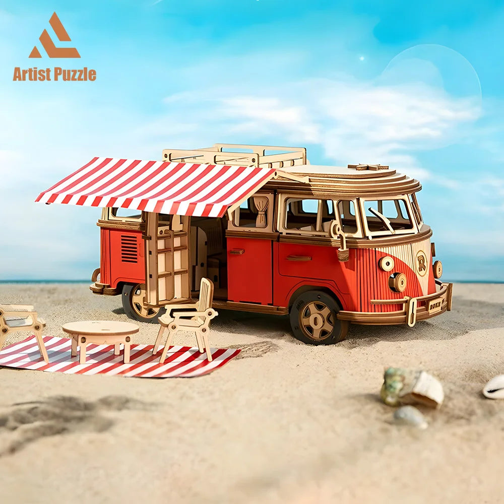 puzzle 3d bois - WOODIBUS - TM Puzzle 3d bois de bus de camping à assemblage manuel