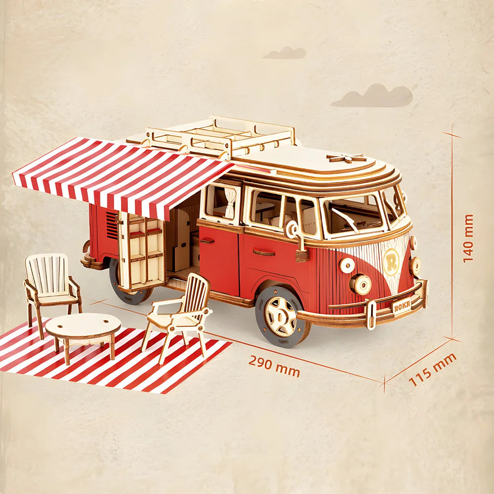 puzzle 3d bois - WOODIBUS - TM Puzzle 3d bois de bus de camping à assemblage manuel