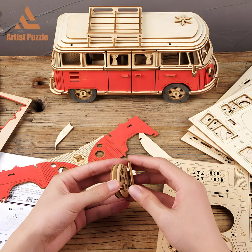 puzzle 3d bois - WOODIBUS - TM Puzzle 3d bois de bus de camping à assemblage manuel