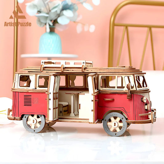 puzzle 3d bois - WOODIBUS - TM Puzzle 3d bois de bus de camping à assemblage manuel