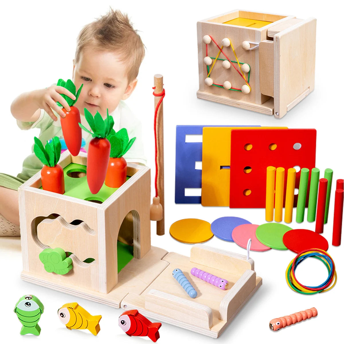 ACTIKUB- Jeux Montessori en bois 8 en 1, Planche d’activité, Jouet en bois, Jeux Montessori Multifonctionnelle, Cube d'Activités en Bois Safari, Montessori 1 an, jeu d’Eveil, jeux éducatifs, cadeau de noêl.