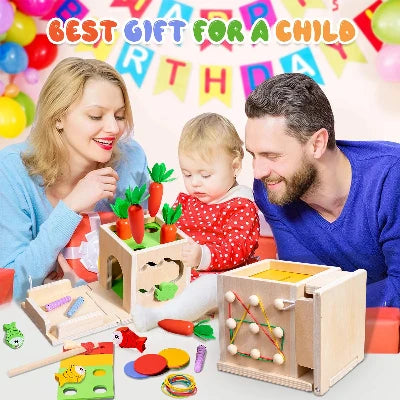 ACTIKUB- Jeux Montessori en bois 8 en 1, Planche d’activité, Jouet en bois, Jeux Montessori Multifonctionnelle, Cube d'Activités en Bois Safari, Montessori 1 an, jeu d’Eveil, jeux éducatifs, cadeau de noêl.